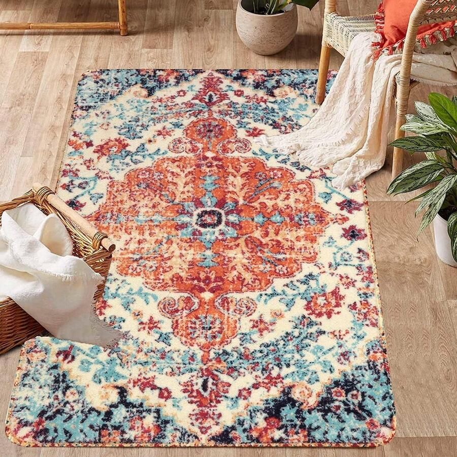 Bohemian Bloemen Medaillon Vintage Tapijt 90*150 cm Zacht Pluizig Oosters Tapijt voor Slaapkamer Antislip Wasbaar Tapijt voor Badkamer en Woonkamer