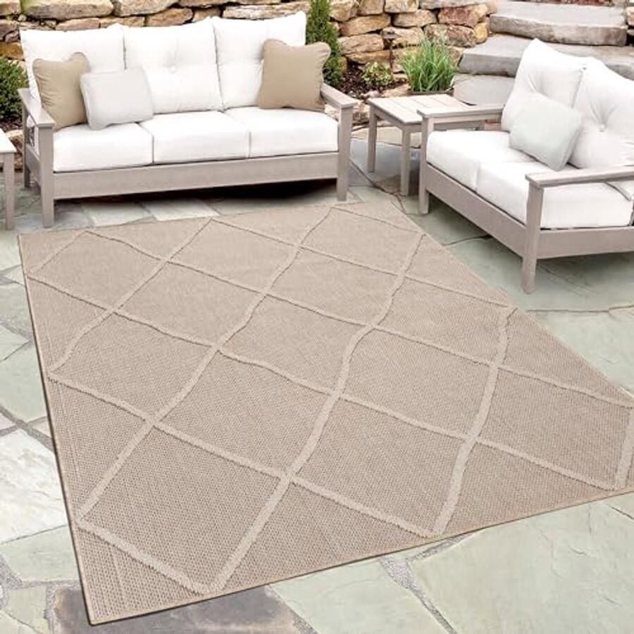 Bohemian Buiten Tapijt Beige Rechthoekig Vloerkleed voor Tuin Terras Balkon of Keuken 80 x 150 cm