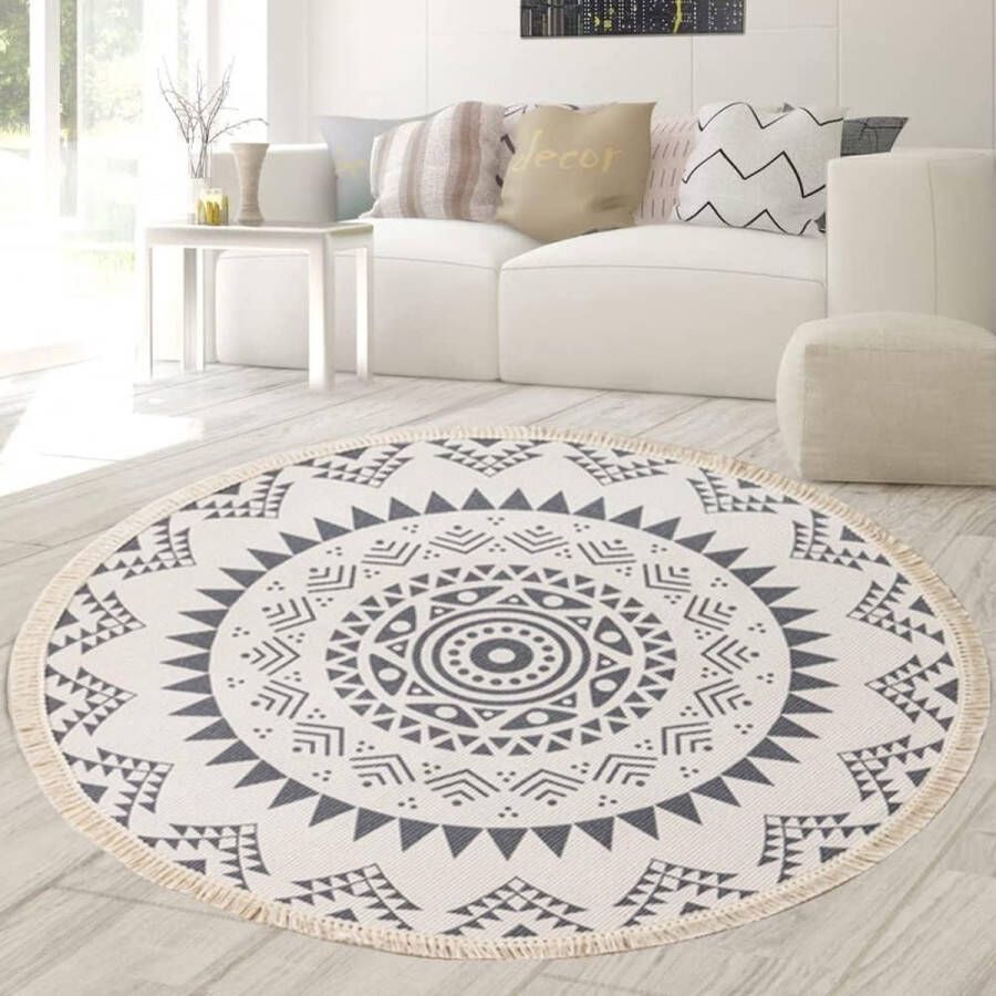 Bohemian decoratief tapijt met kwasten 90 cm katoen handgemaakt geweven tapijt wasbaar mandala rond tapijt katoenen tapijt voor woonkamer kinderkamer slaapkamer theetafel