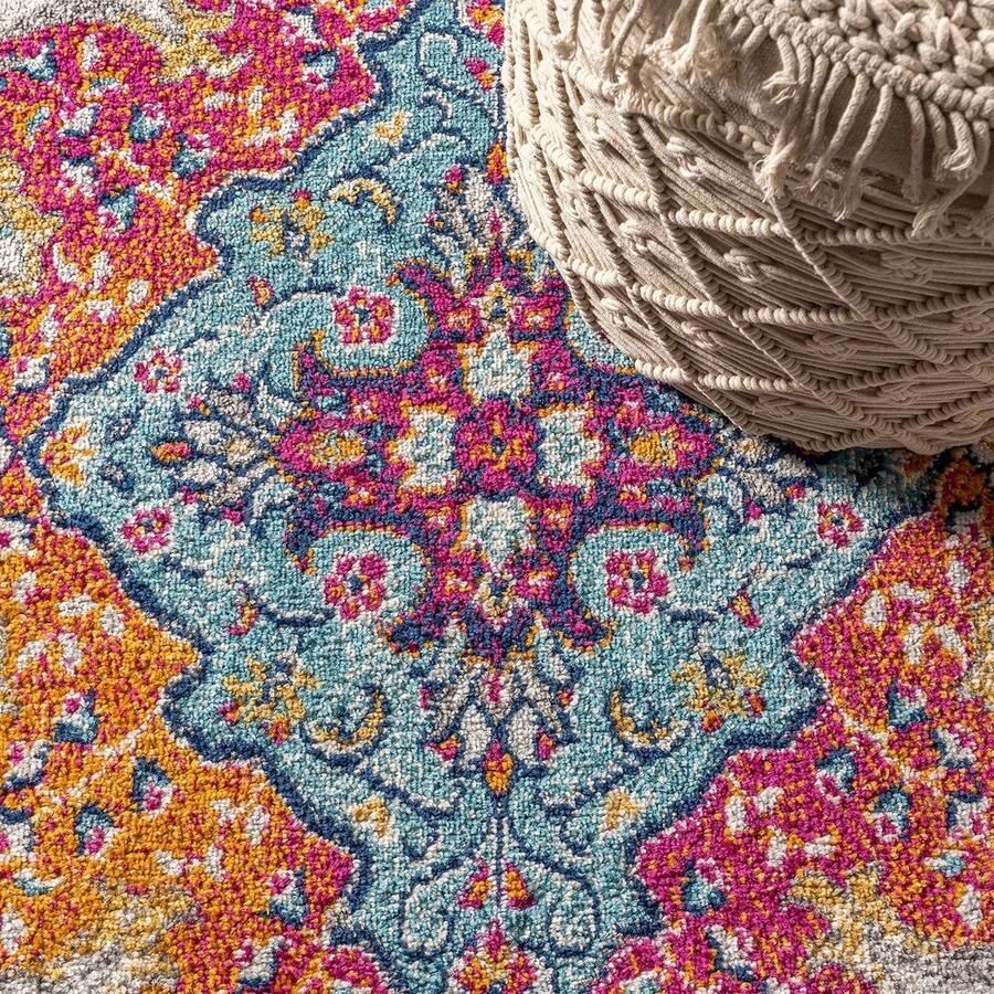 Bohemian Flair Boho Vintage Medaillon Tapijt Bloemen Patroon Onderhoudsarm Voor Slaapkamer Keuken Woonkamer Niet Afvallend Blauw Multi 150 cm x 240 cm vloerkleed