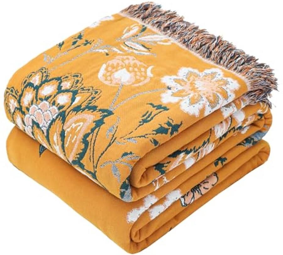 Bohemian Grote Bed Sprei van 100% Biologisch Katoen Dubbelzijdige Gooi voor Settees en Fauteuils 230x250cm Geel