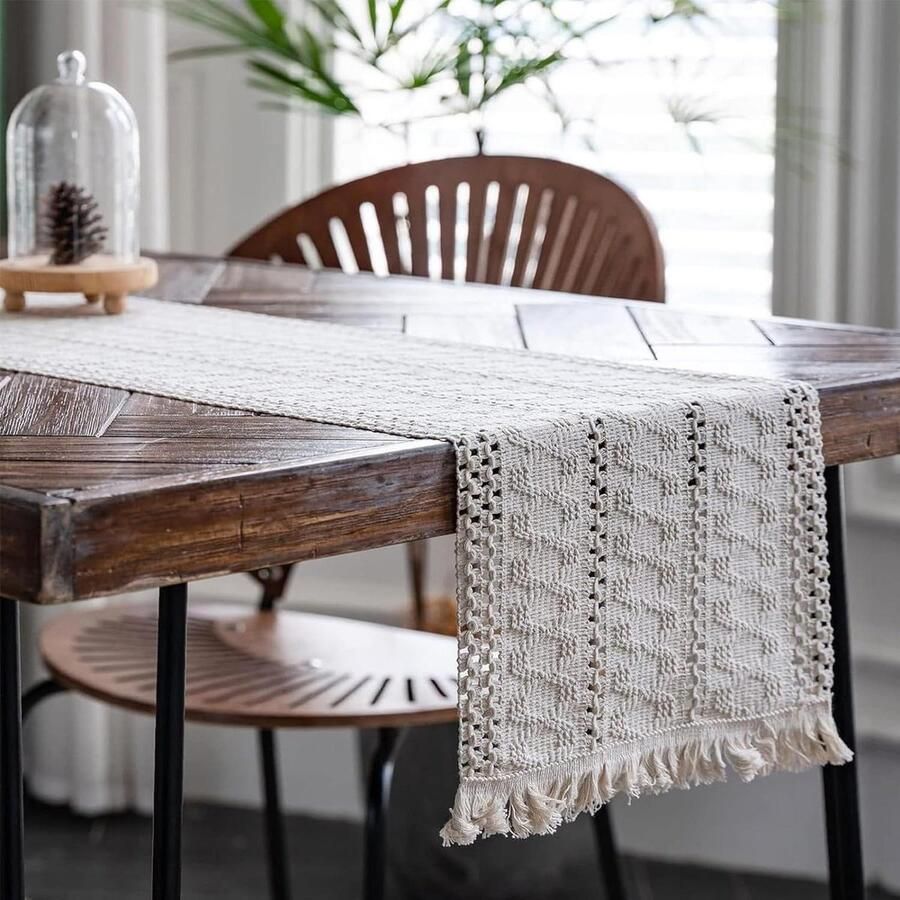 Table Runner with Tassels Boho Rectangular Crochet Lace Mesh Table Runner for Wedding Dining Table Decor Beige 30 x 120 cm