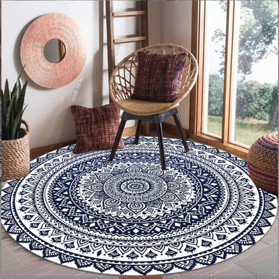 Bohemian Ronde Mandala Tapijt Wasbaar Vloerkleed met Antislip 90 cm voor Woonkamer en Slaapkamer