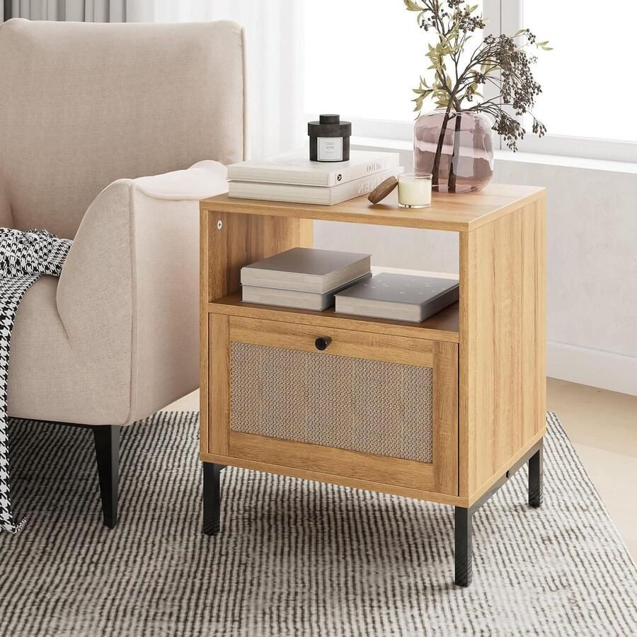 Moderne bohemien boerderij bijzettafel met lade en open plank houten nachtkastje grote bijzettafel voor slaapkamer woonkamer kantoor (eiken) Nachtkastje