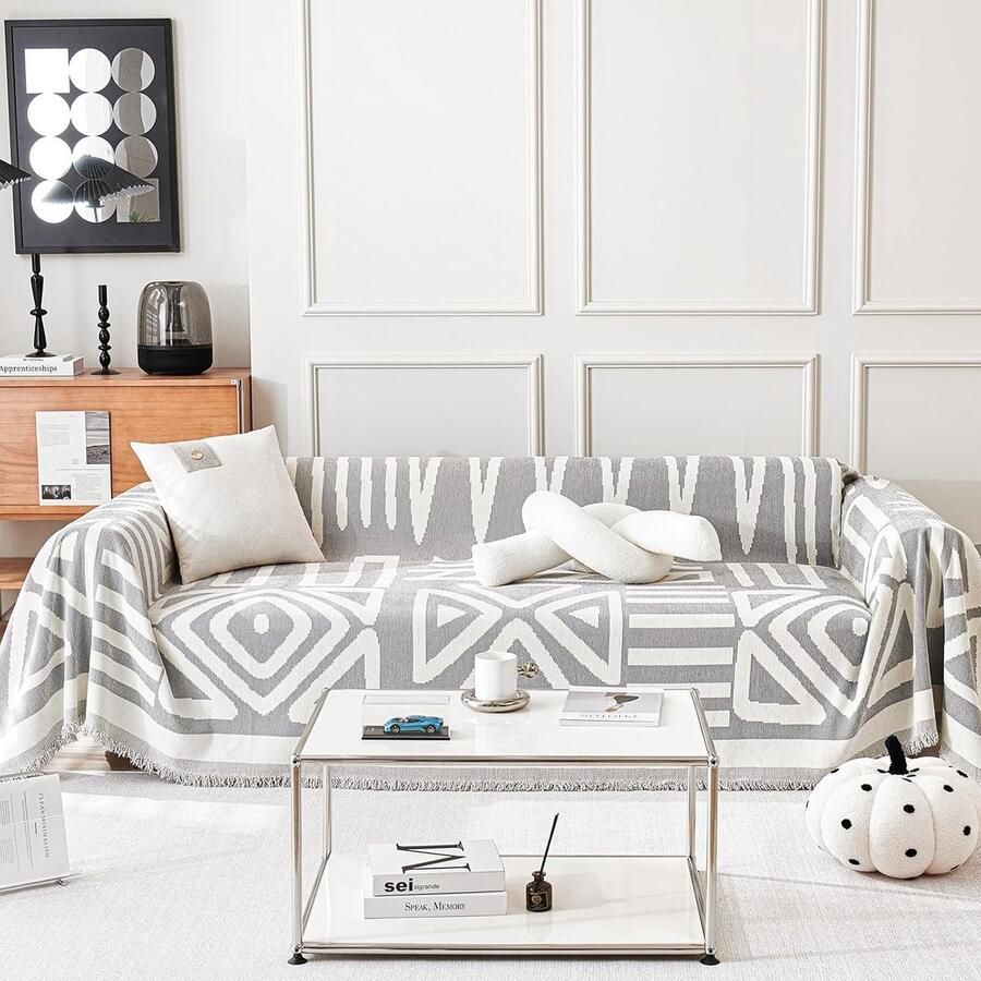 Boho Bankhoes voor 2- of 3-zitsbank Chenille Hoekbankhoes Wasbare L-vormige Bankhoezen met Kwastjes Meubelbeschermer in Grijs 180 x 300