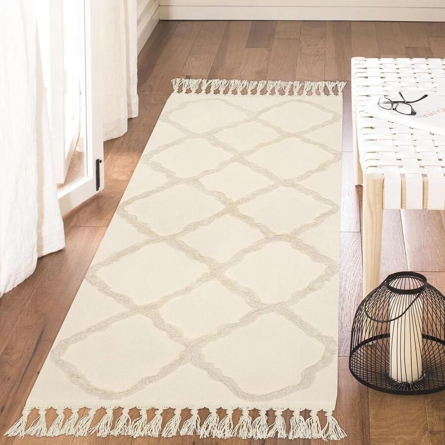 Boho-beige tufted tapijtloper 60 x 150 cm – Handgeweven katoenen vloerkleed met kwastjes – Wasbaar voor hal slaapkamer keuken en woonkamer