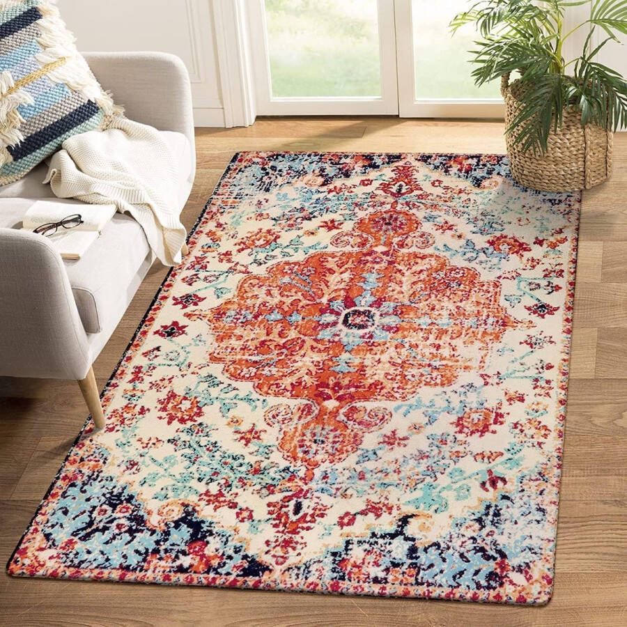 Boho bloemen medaillon tapijt voor de woonkamer 120 x 180 cm. Oosters noodlijdend tapijt groot zacht antislip wasbaar en laagpolig tapijt voor de slaapkamer en eetkamer