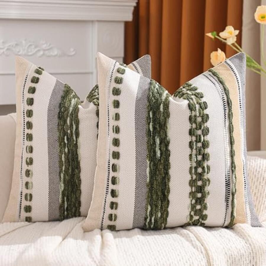 Boho Chenille Sierkussenhoes 18x18 Set van 2 Gestreepte Decoratieve Kussens voor Bank en Slaapkamer