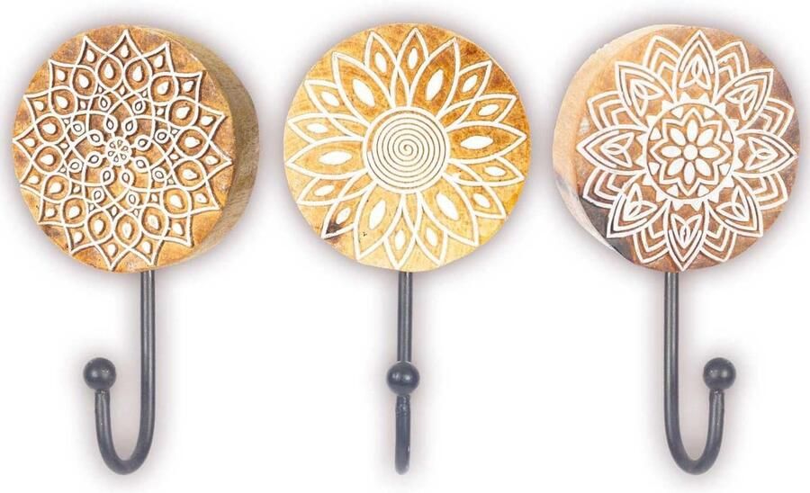 Boho Chic Decoratieve Wandhaak Pack van 3 Natuurlijk Ruw Mangohout Handgebogen Houten Stempel met Metalen Haak Jassen Handdoeken Sleutels Kleding Sieraden Hanger