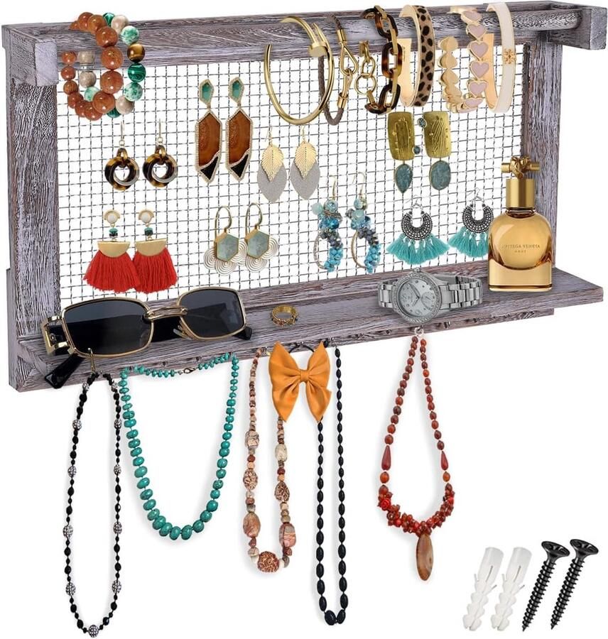 Boho-Chic Organizer voor sieraden wandrek met afneembare armbandstang met 16 haken perfecte opslag voor oorringen halskettingen en armbanden sieradendisplay