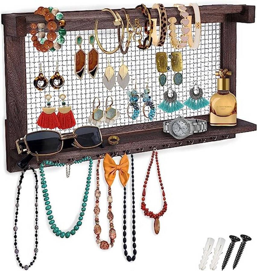 Boho-chic sieraden organisator wandplank met verwijderbare armband bar met 16 haken perfecte opslag voor hoepel oorbellen kettingen en Armbanden Sieraden display