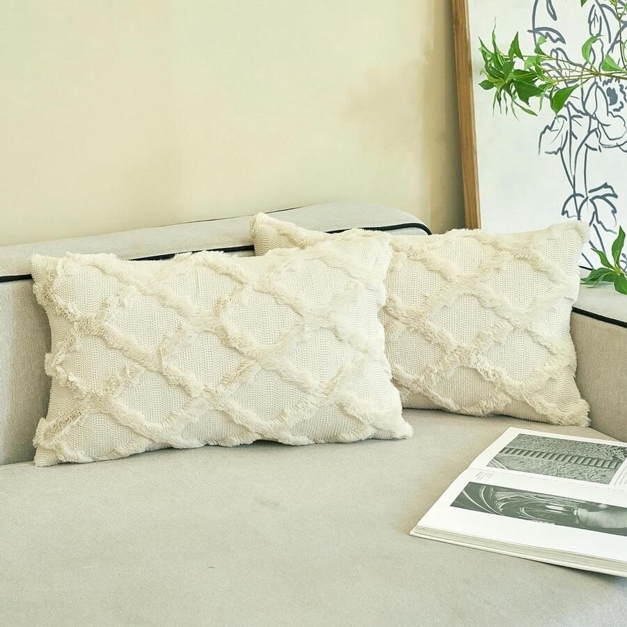 Boho-decoratieve kussenslopen Set van 2 30 x 50 cm Beige Kussenhoes voor bank Sierkussens Pluizige kussenslopen kussensloop 30x50