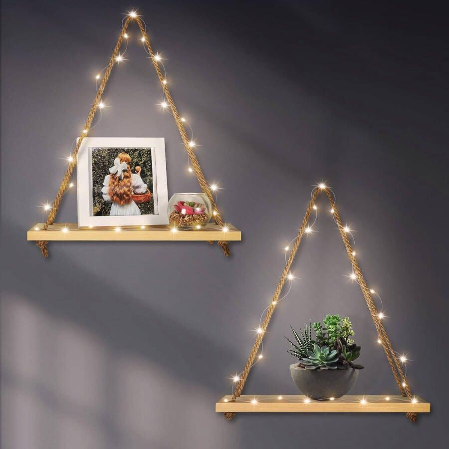 Boho decoratieve planken 2 stuks hangend macramé touw wandtapijt houten rek met 3 m led-lichtketting voor slaapkamer woonkamer badkamer buiten kamerdecoratie handgeweven wandversiering