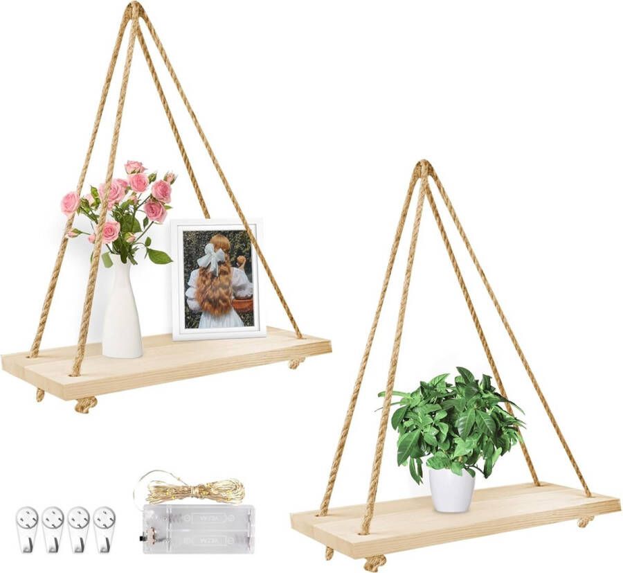 Boho decoratieve planken 2 stuks hangend macramé touw wandtapijt houten rek met 3 m led-lichtketting voor slaapkamer woonkamer badkamer buiten kamerdecoratie handgeweven wandversiering