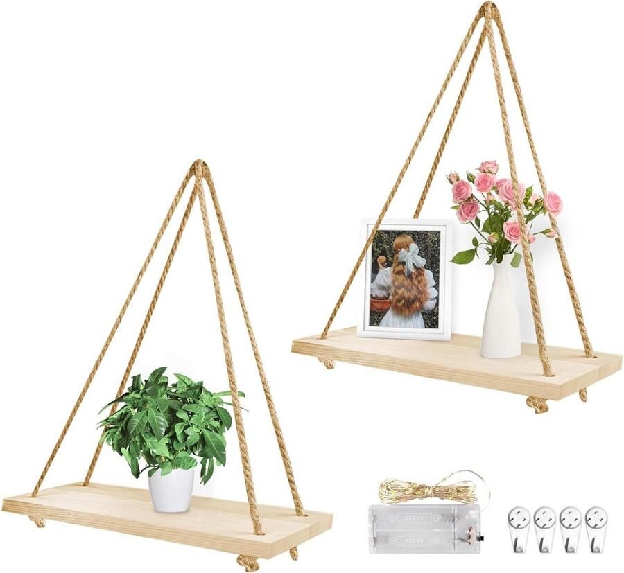 Boho decoratieve planken hangend macramé touw wandtapijt wandrek met led-lichtketting handgeweven wandversiering slaapkamer woonkamer badkamer buiten