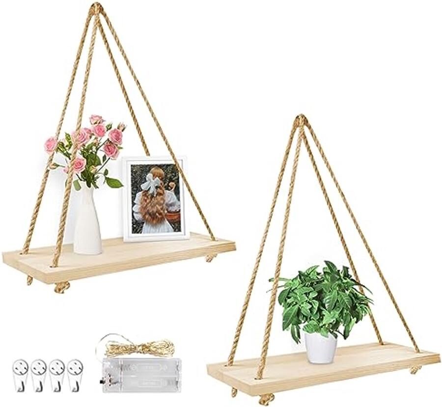 Boho Decoratieve Wandplank Set van 2 Houten Macramé Planken voor Esthetische Kamerdecoratie