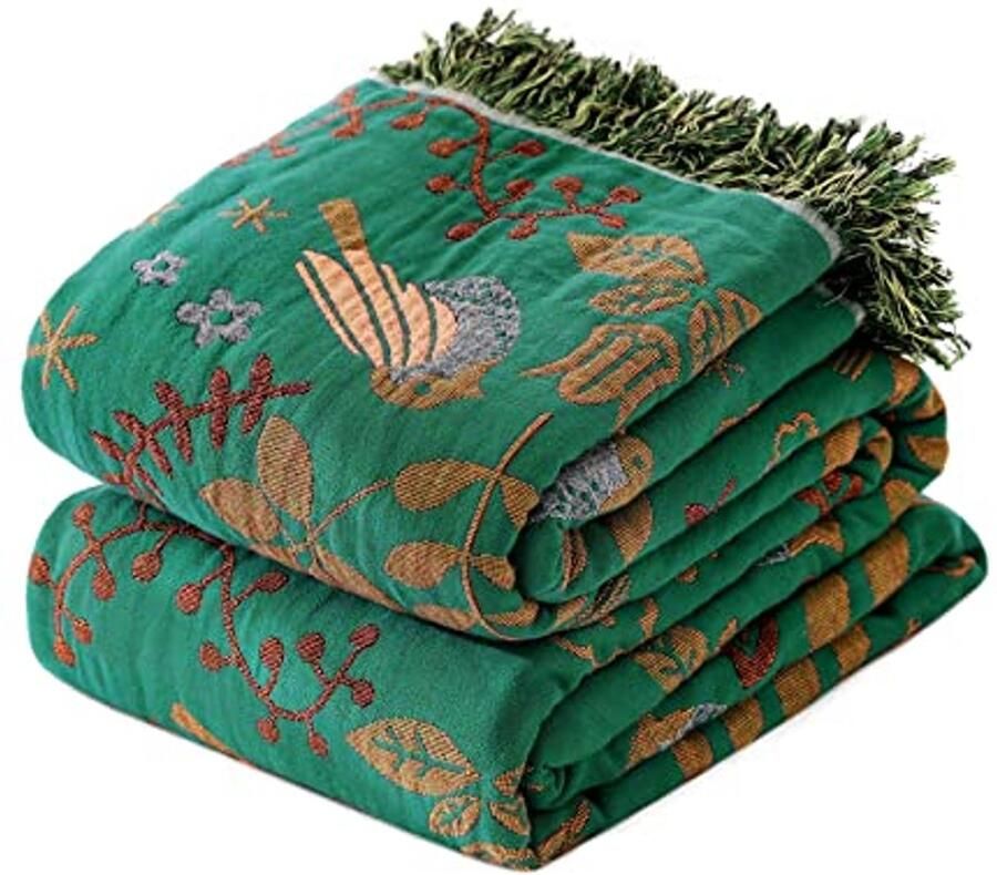 Boho Dekbed 100% Katoen Ultra Zachte Rustieke Dekens voor Herfst Vogel en Bloemen Print voor Boerderij Decoratie 60x80 Plaid voor Bank en Stoel