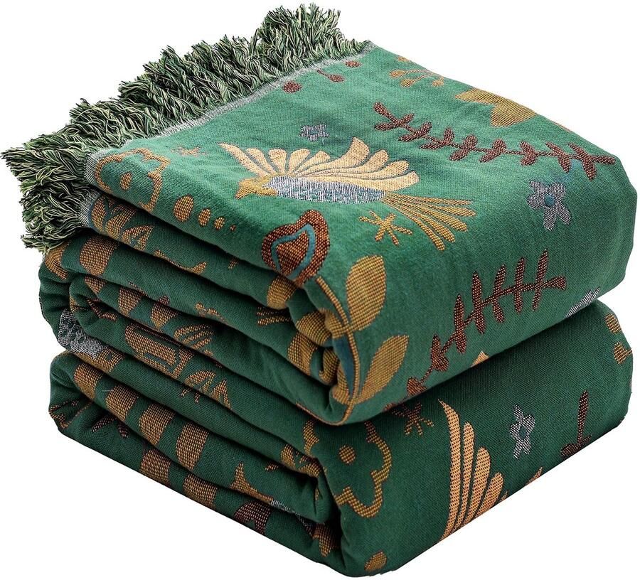 Boho deken voor bed 100% katoen ultrazachte rustieke quilt sprei met vogel- en bloemenprint en boerderijdecoratie 200×230 cm alle seizoenen rustieke deken voor bank en stoel