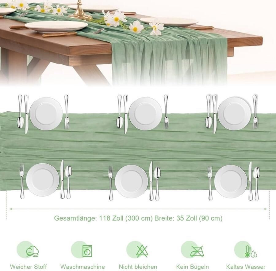 Boho gaas tafelloper saliegroen 1 stuk katoen 71 x 304 cm