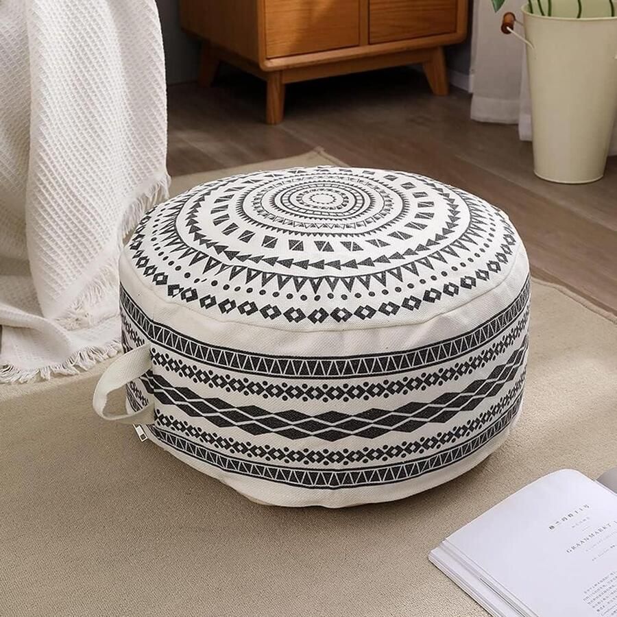 Boho geometrisch ontwerp Ongevulde ronde poefhoes met handvat Decoratieve Ottomaanse voetenbank voor woonkamer slaapkamer terras Zwart 45x45x20cm