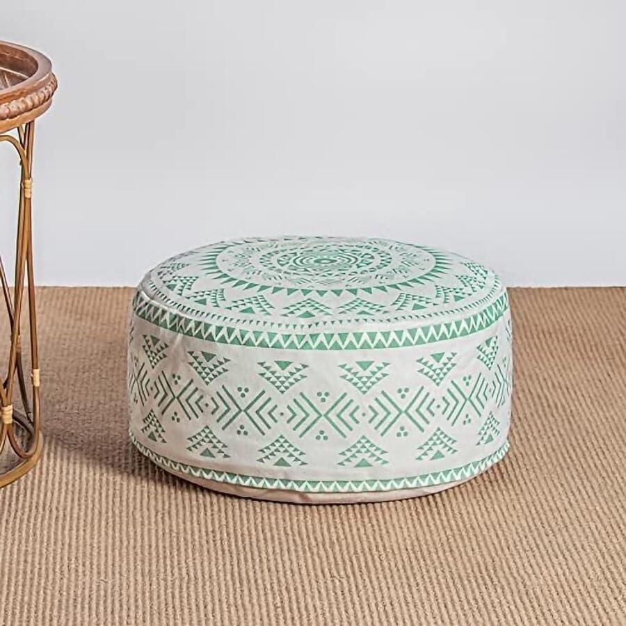 Boho geometrische ongevulde ronde poefhoes kleurrijk handvat decoratieve voetenbank woonkamer slaapkamer terras lichtgroen 45 x 45 x 20 cm
