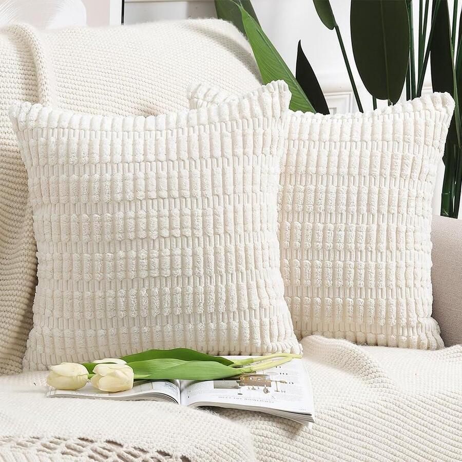Boho Gestreepte Corduroy Kussenslopen Zacht Decoratief Kussenhoesje Set van 2 Bank Slaapkamer Beige 45x45 cm