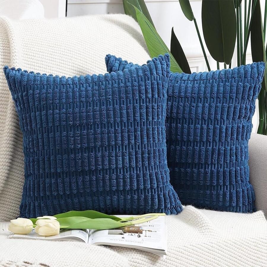 Boho Gestreepte Corduroy Kussenslopen Zacht Decoratief Kussenhoesje Set van 2 Bank Slaapkamer Kussenomslag Blauw 60x60 cm kussenhoes 60x60