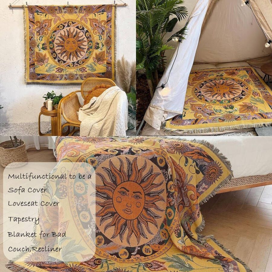 Boho Gooi Deken Omkeerbaar Katoen Boheems Tapijt Hippie Kamer Decor Tapijt Stoel Bank Hoes Buitendeken Dubbelzijdig (Nationaal Zonpatroon Geel 50x60)