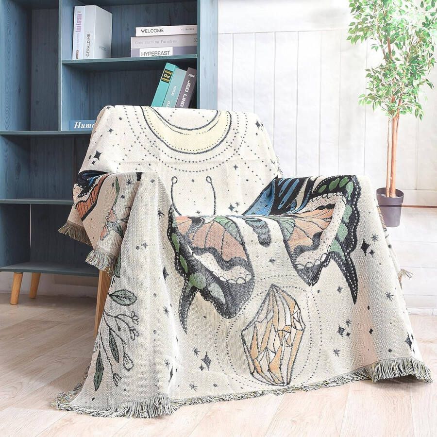 Boho Gooi Deken Omkeerbaar Katoen Bohemian Tapestry Hippie Kamer Decor Tapijt Stoel Sofa Cover Outdoor Deken Dubbelzijdig (Month Moth White 50 inch x 152 cm)