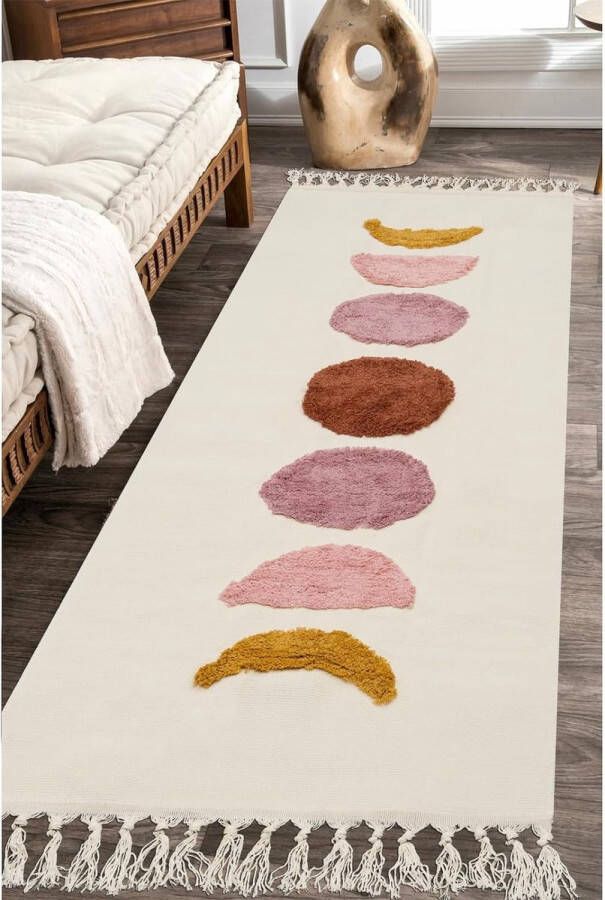 Boho halloper tapijt 60 x 150 cm wasbaar tapijt beige maan-katoenen tapijt met kwastjes laag vloerkleed voor slaapkamer woonkamer entree