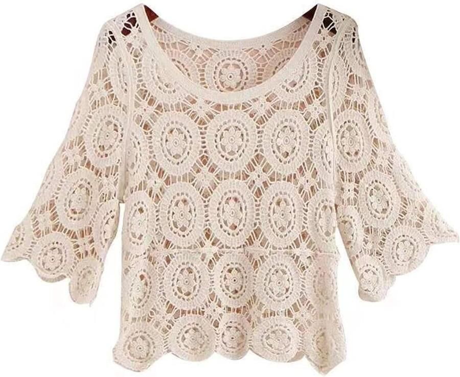 Boho Hippie Gehaakt T-Shirt met 3 4 Mouw en Bloemenpatroon voor Vrouwen Beige One Size