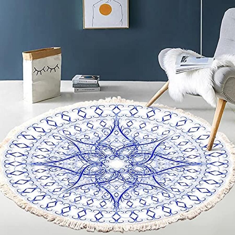 Boho katoenen mandala tapijt wasbaar en handgeweven rond vloerkleed met kwastjes voor slaapkamer en woonkamer 60 cm