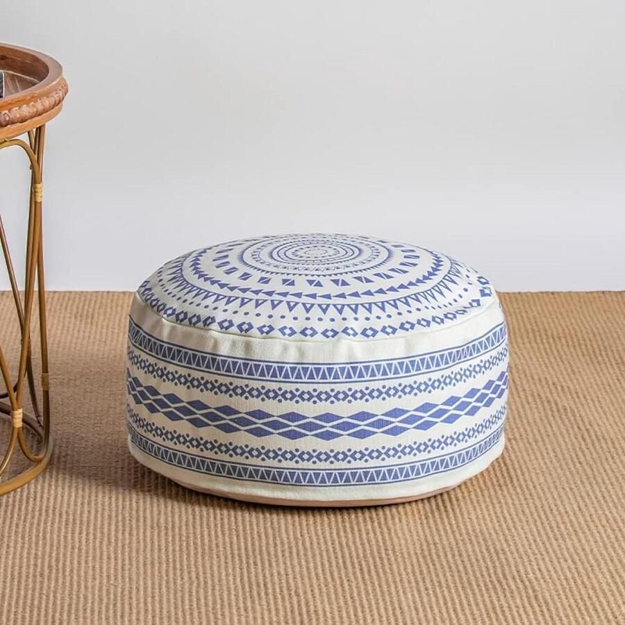 Boho kleurrijke geometrische Ottomaanse poef hoes met handvat ontwerp voor woonkamer slaapkamer patio blauw 45x45x20cm