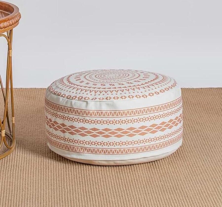 Boho kleurrijke geometrische Ottomaanse poef hoes Ongevulde ronde hoes met handvat Decoratie voetenbank voor woonkamer Slaapkamer Patio Rood 45x45x20cm