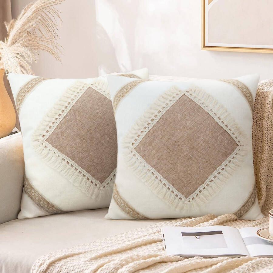 Boho kussenhoes 45 x 45 cm set van 2 met kwastjes beige neutrale kussenhoezen boerderij boho kussen decoratieve kussenhoezen voor bank woonkamer (I 45 x 45 cm)