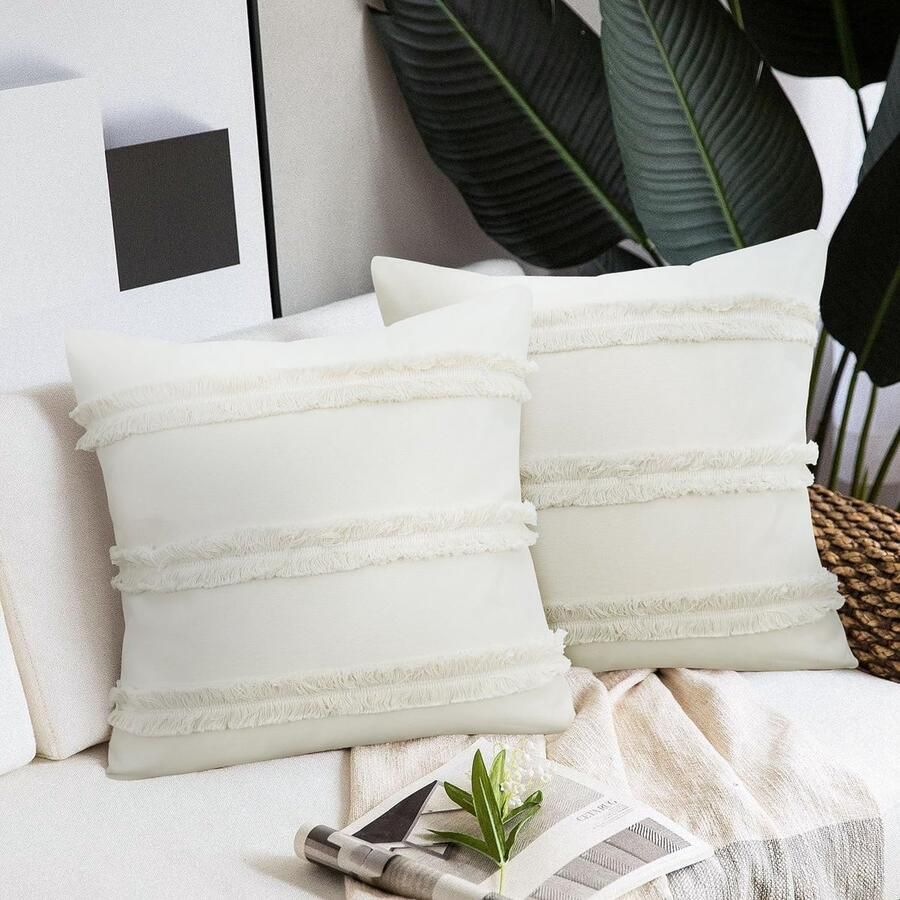 Boho kussenhoes 45 x 45 cm set van 2 met kwastjes beige neutrale kussenhoezen boerderij boho kussen decoratieve kussenhoezen voor bank woonkamer