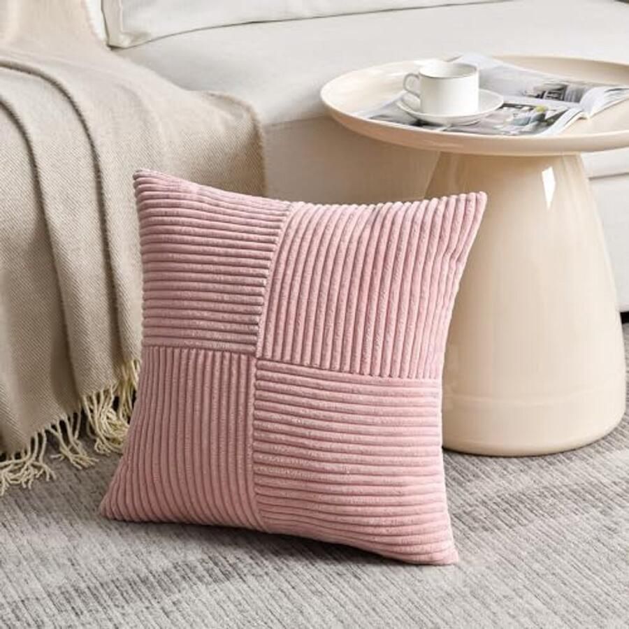 Boho Kussensloop 35 x 35 cm Roze met Kruismotief Corduroy Decoratie voor Bank Slaapkamer en Bed