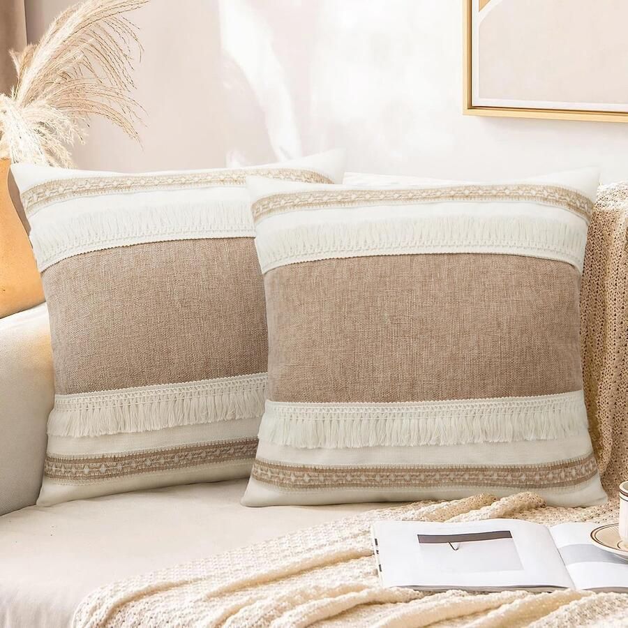 Boho Kussensloop 45 x 45 cm set van 2 met kwastjes beige neutrale kussenslopen boerderij-boho-kussen decoratieve kussenhoezen voor bank woonkamer (45 x 45 cm H)