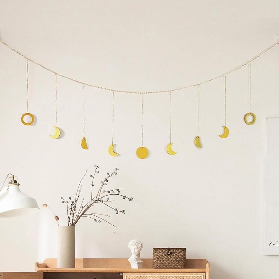 Boho Maanfase Muur Opknoping 130cm Met Ster Garland Gouden Decor Kettingen Lunar Art Kamer Ornamenten voor Slaapkamer Woonkamer Bed Sofa Decoratieve Maanfase Muurhanger Met Sterren Bohemian Stijl Interieurdecoratie
