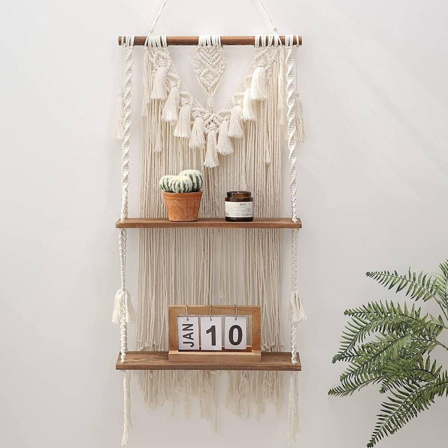 Boho Macrame Wandplank 2 Lagen Handgemaakte Houten Zwevende Plank Wanddecoratie Boheemse Plank voor Balkon Badkamer Woonkamer (dubbel)