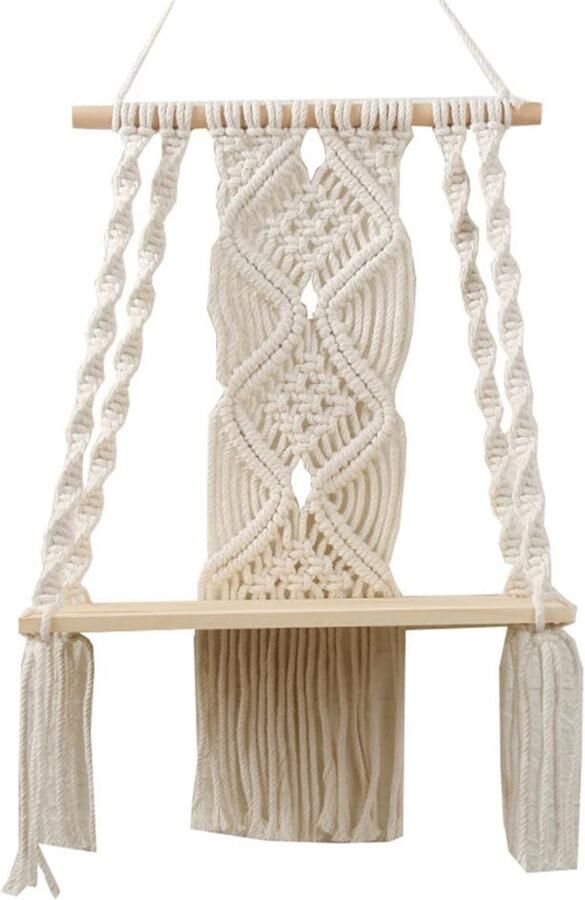 Boho Macrame Wandplank Natuurlijk Katoenen Touw Handgeweven Zwevende Plank Plantenhouder Wandplank Organisator voor Woonkamer Slaapkamer Kinderkamer (A)