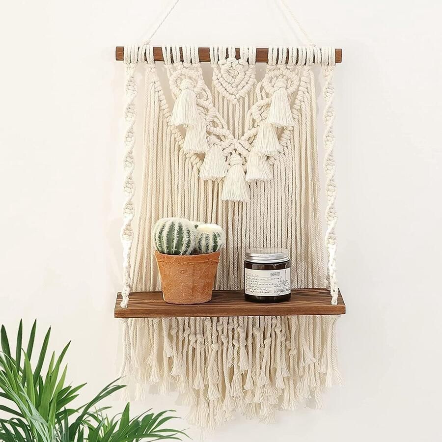 Goodivery Boho macramé wandrek 2 lagen handgemaakt hout zwevend rek wanddecoratie Boheemse plank voor balkon badkamer woonkamer (eenlaag)