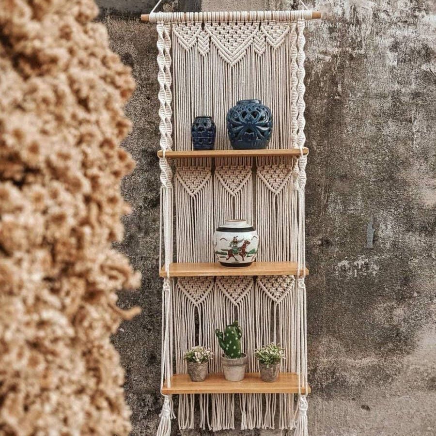 Boho macramé wandrek met 3 etages handgemaakte geweven kwastjes organizer planken wand drijvende kleerhanger voor wooncultuur