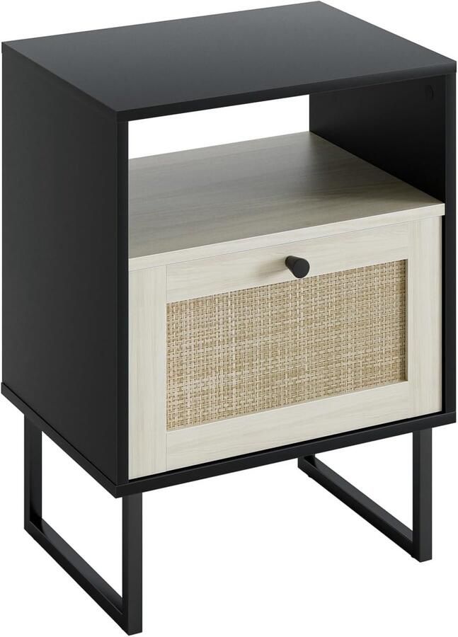 Boho nachtkastje kleine rotan bijzettafel met lade en wit eiken rek voor slaapkamer woonkamer kantoor (zwart frame)