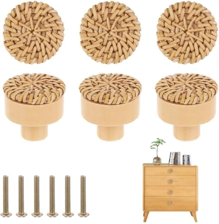Boho rotan knoppen voor dressoirs gevlochten decoratieve dressoirgrepen kastknoppen van natuurlijk hout ronde kastknoppen voor keukenmeubelen kinderkamer huis doe-het-zelf kast