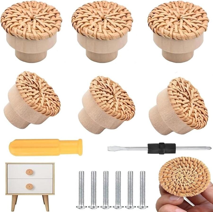 Boho-rotan ladeknoppen handgrepen ronde houten ladeknoppen handgemaakte geweven rieten knoppen voor kast laden woonkamer keuken 6 stuks