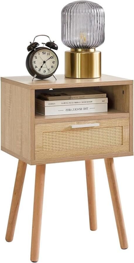 Nachtkastje met lade en open plank houten accent boho stijl voor slaapkamer en woonkamer natuurlijk WNS009N