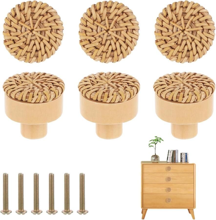Allecto Plus Boho-rotanknoppen voor dressoirs Meubeldecoratie met natuurlijke houten kastknoppen Ronde kastknoppen voor keuken en kinderkamer DIY kastinrichting met gevlochten handgrepen - Foto 2
