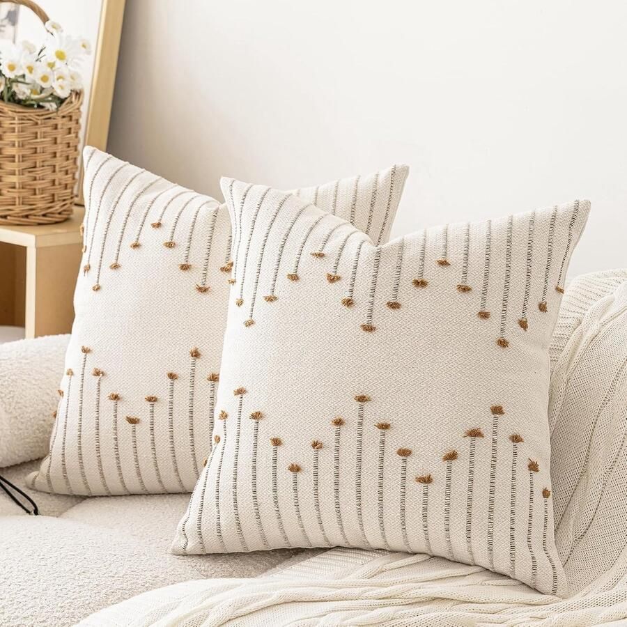 Boho sierkussenhoezen 18x18 Set van 2 neutrale decoratieve kussenslopen met textuur kussensloop in boerderijstijl moderne vierkante kussenslopen voor bank