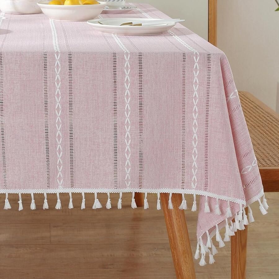 Boho tafelkleed rustieke decoratie 1 stuk roze linnen 130 x 180 cm